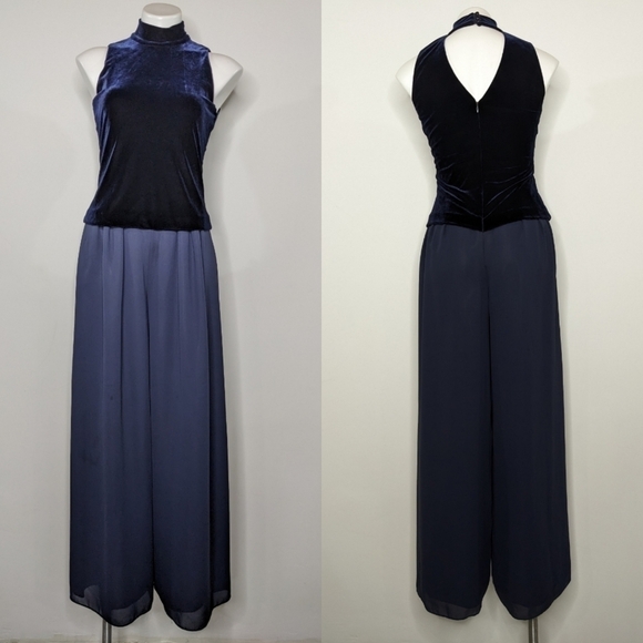 Vintage J.R. Nites blue velvet & chiffon halter jumpsuit 6 - Picture 1 of 10